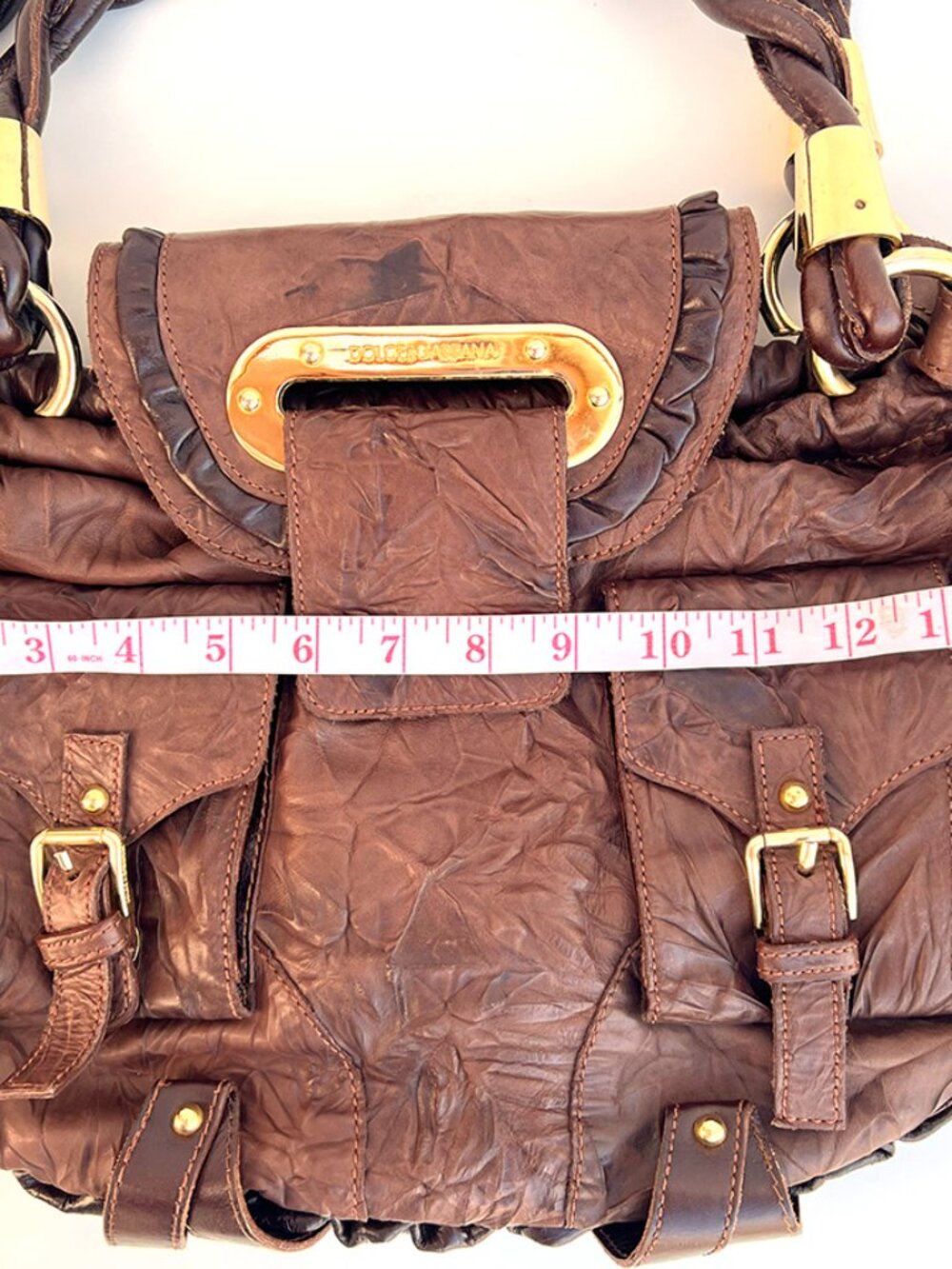 Authentic DOLCE & GABBANA Mainline Brown Crinkled Leather Braided Hobo Bag Y2K - Picture 11 of 13